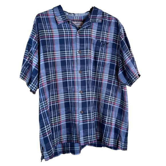 Tommy Bahama Silk Plaid Hawaiian Button Front Camp Shirt Blue Short Sleeve Sz XL - Picture 1 of 9
